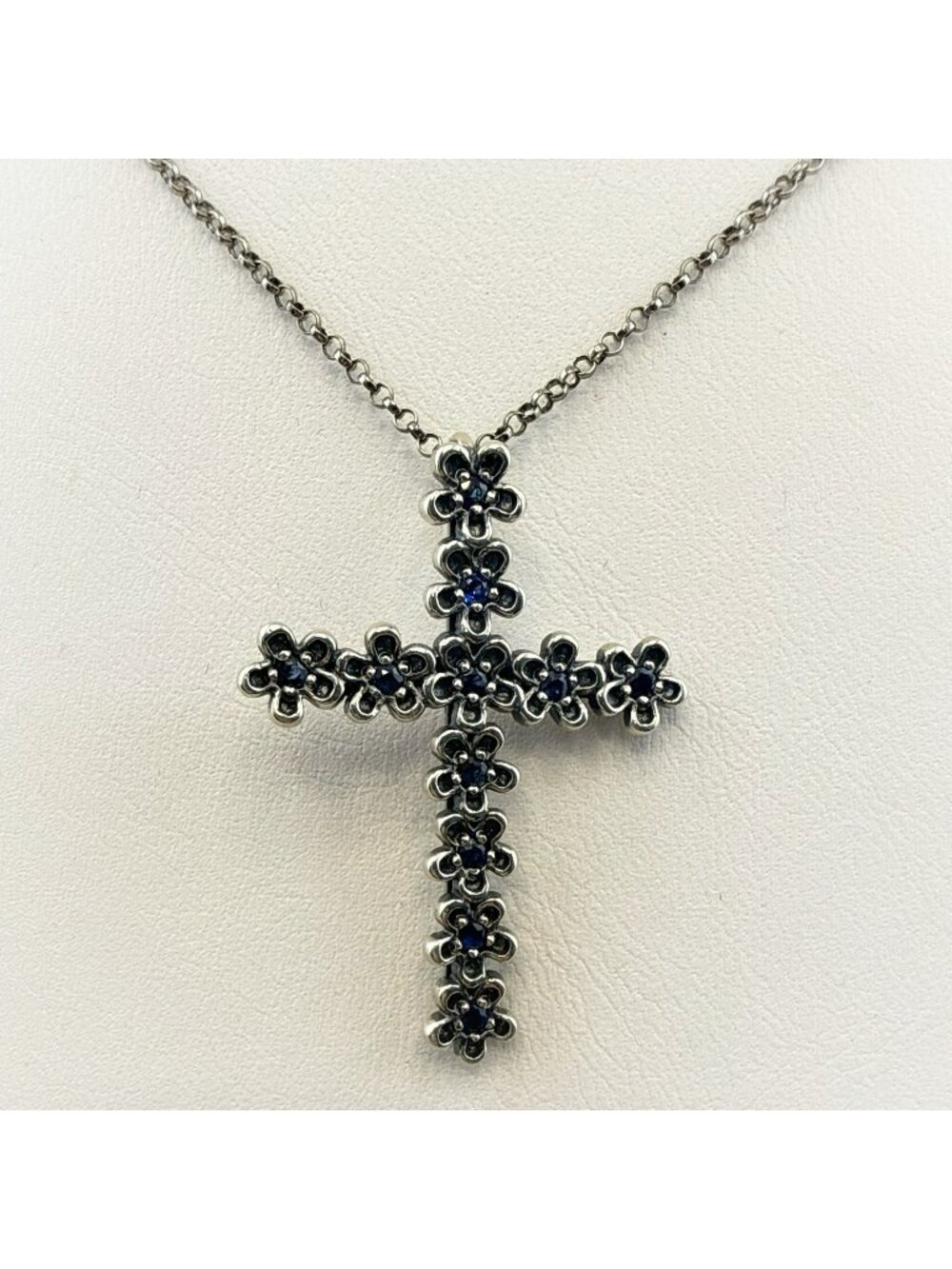 Or Paz Necklace Cross Sterling Silver 925 Blue Gemstone Floral Religious Jesus